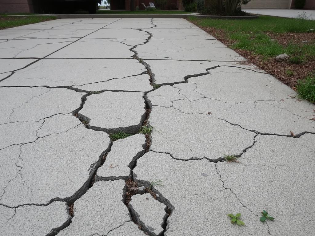 Cracked failing concrete driveway before replacement