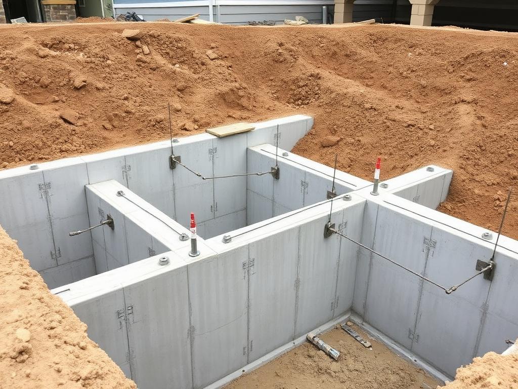 Poured concrete footings and foundation walls with reinforcement