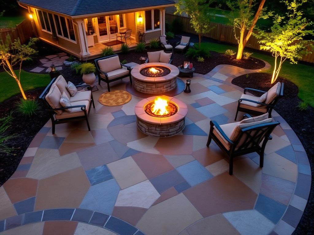 Decorative stamped concrete patio with fire pit