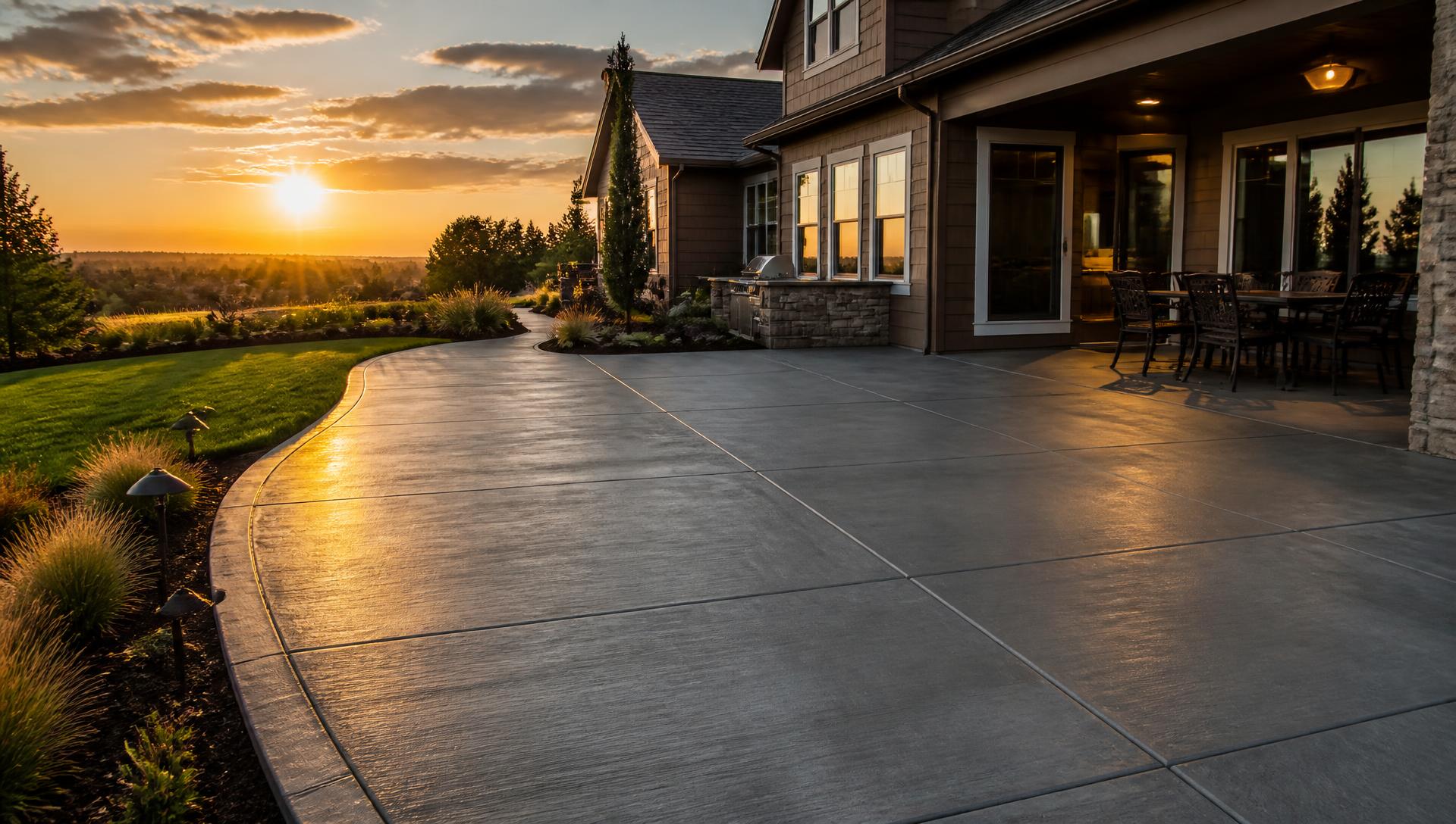 Freshly finished premium concrete patio behind a home at sunset